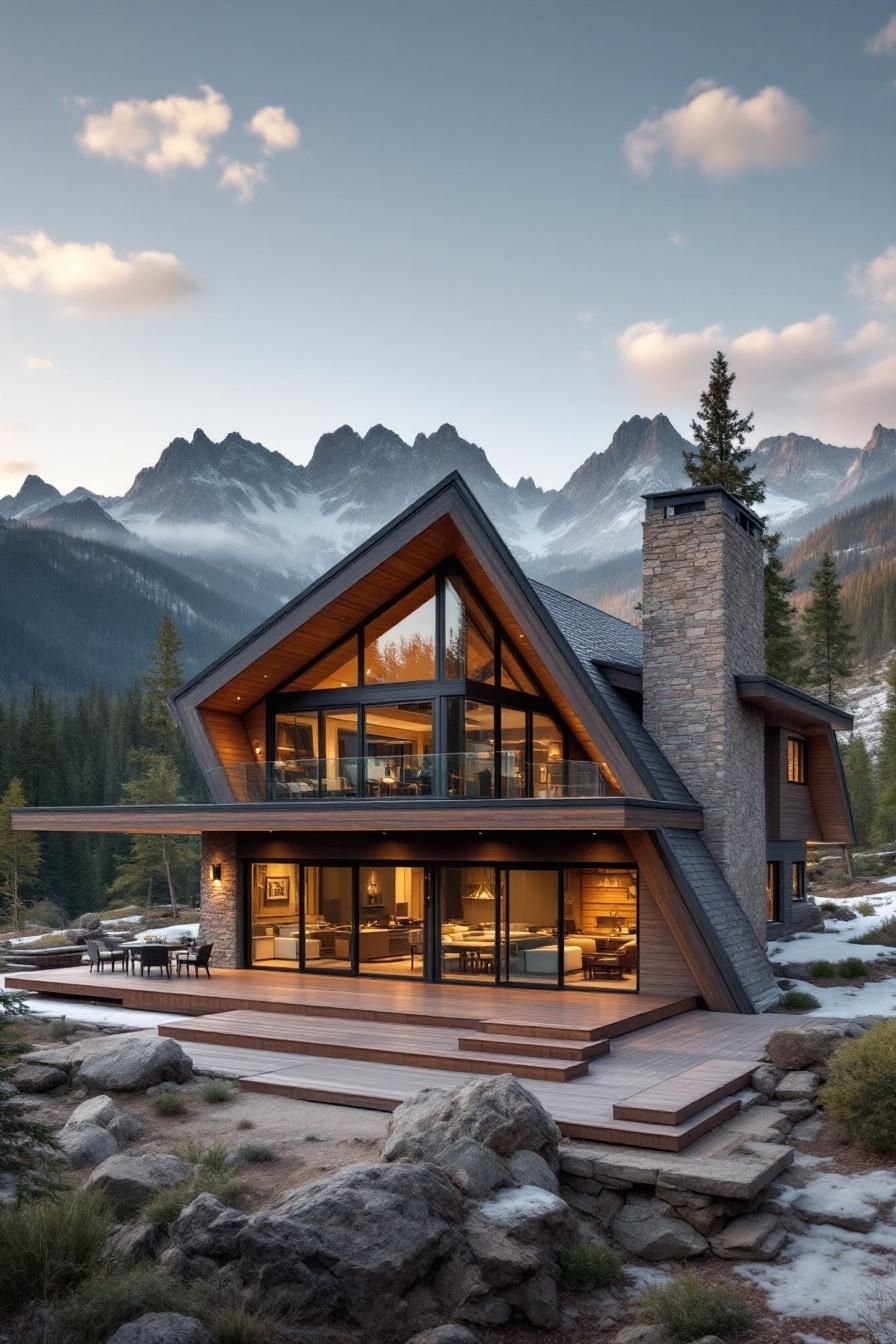 Stylish modern cabin with large windows and mountain backdrop