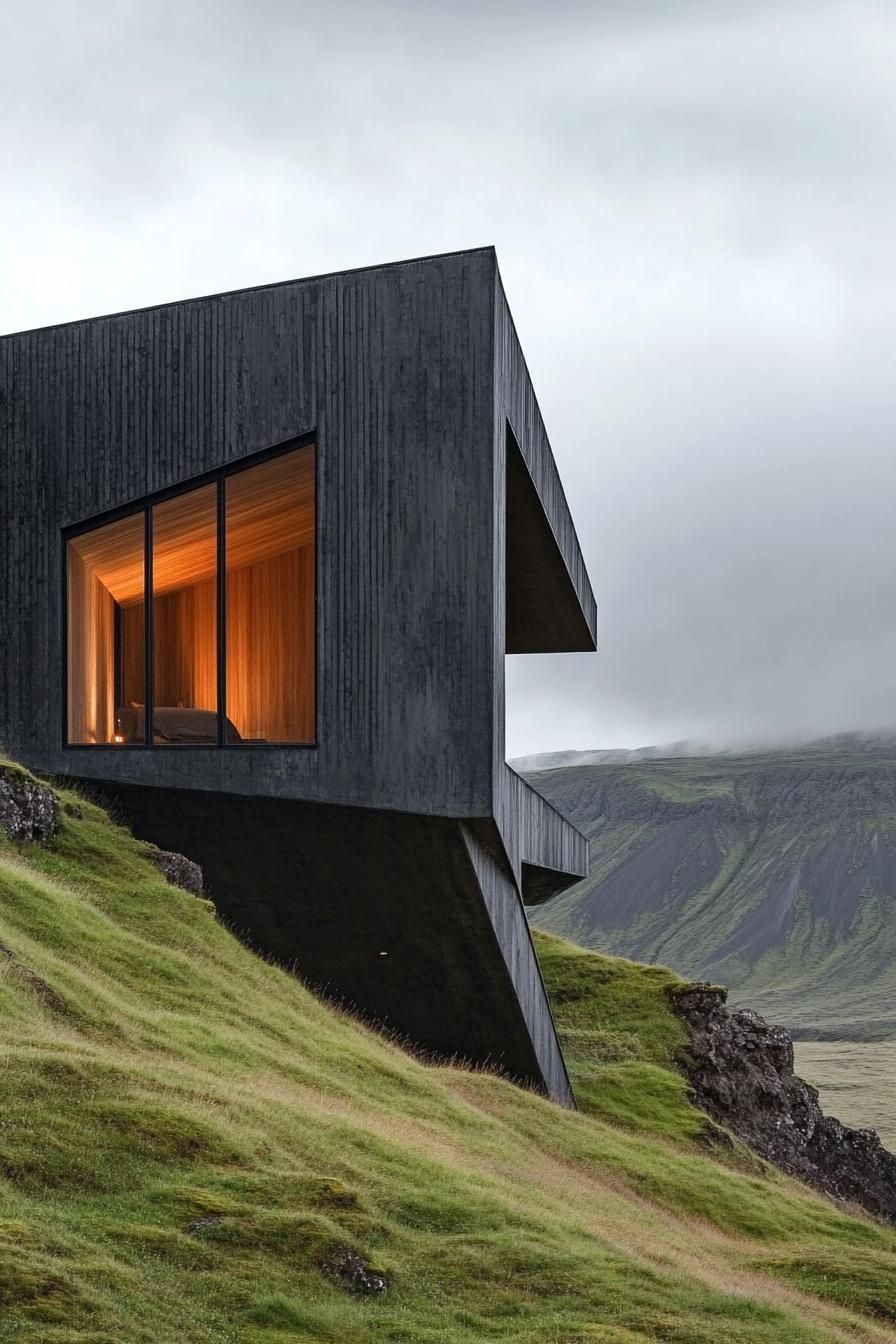 Modern house perched on a green hillside, featuring dark, angular architecture and large windows