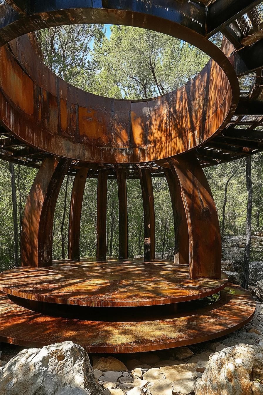 Circular pavilion with rusted metal and shadow play