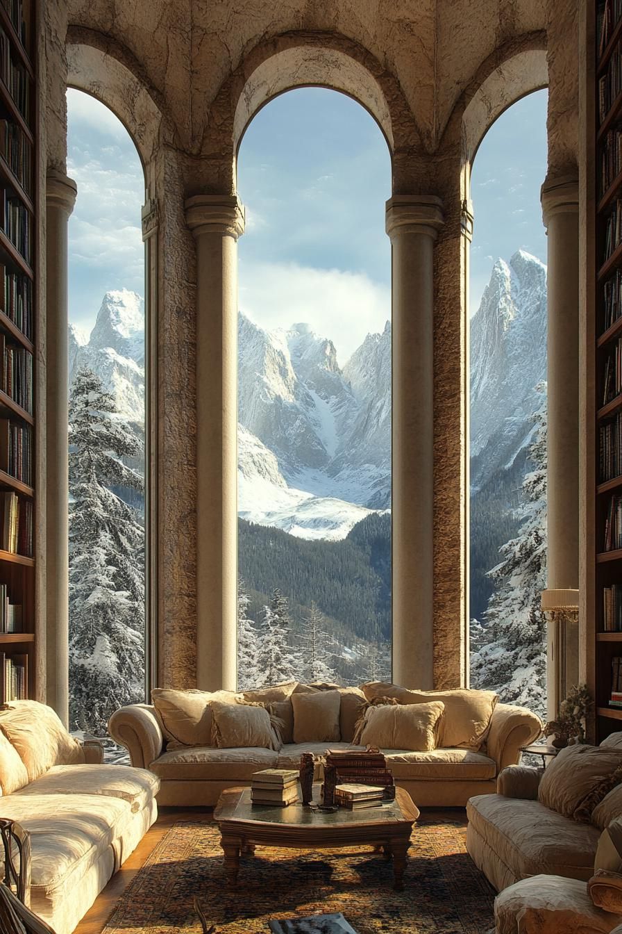 mountaintop dreamscape home with tall columns built into rock living room with classic furniture big bookshelves tall arched windows overlooking