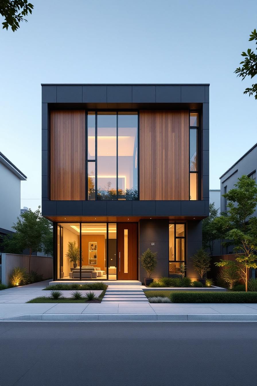 Modern house with a wooden front facade and large windows