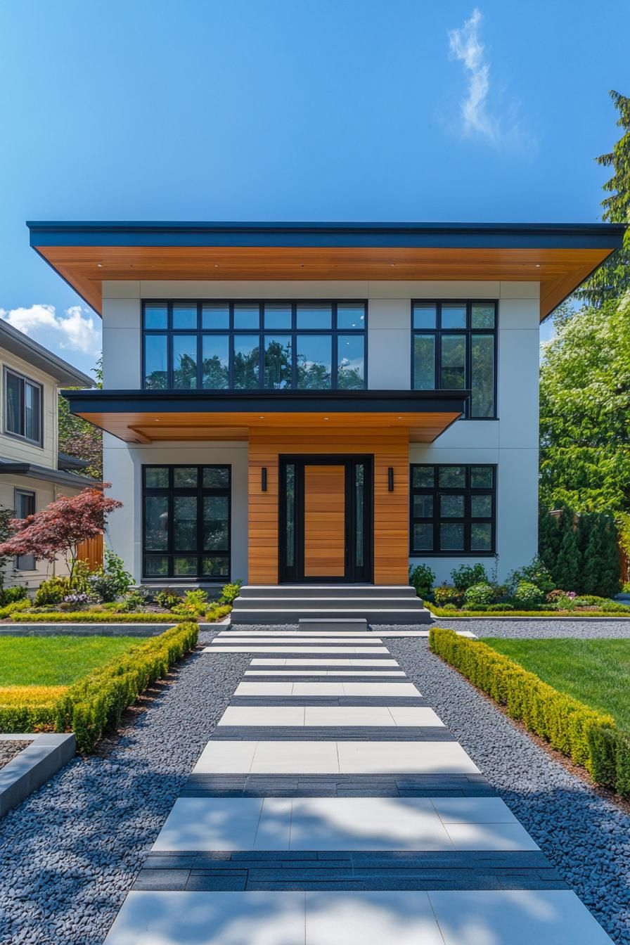 A sleek, modern house with a beautiful wooden facade amid lush greenery