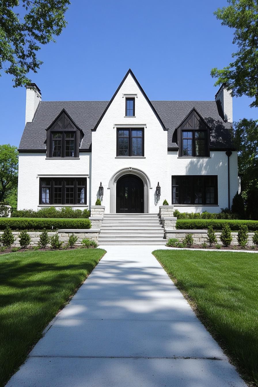 White brick Tudor house with steep gables and lush lawn