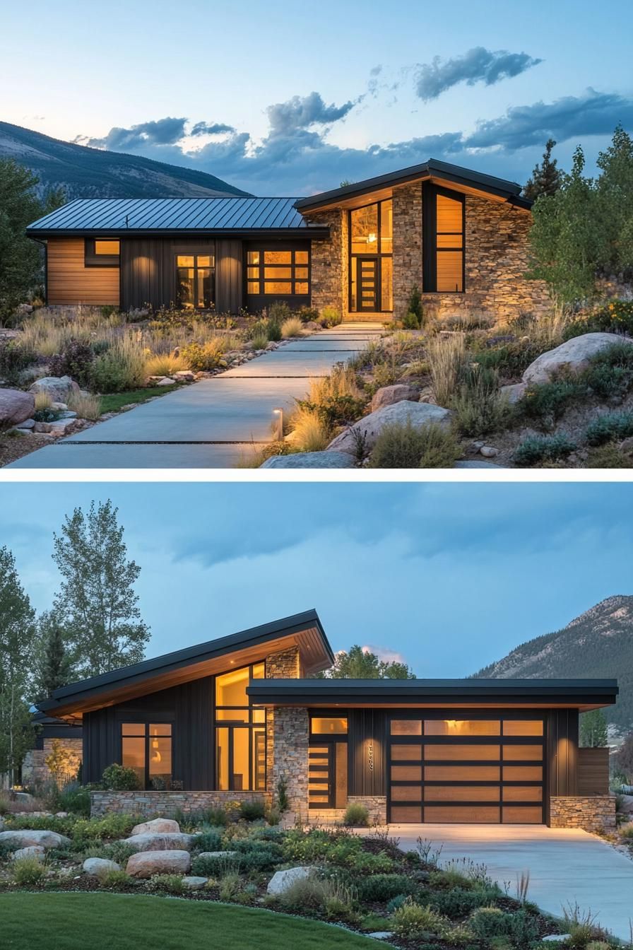 Modern ranch house with stone and glass elements at dusk