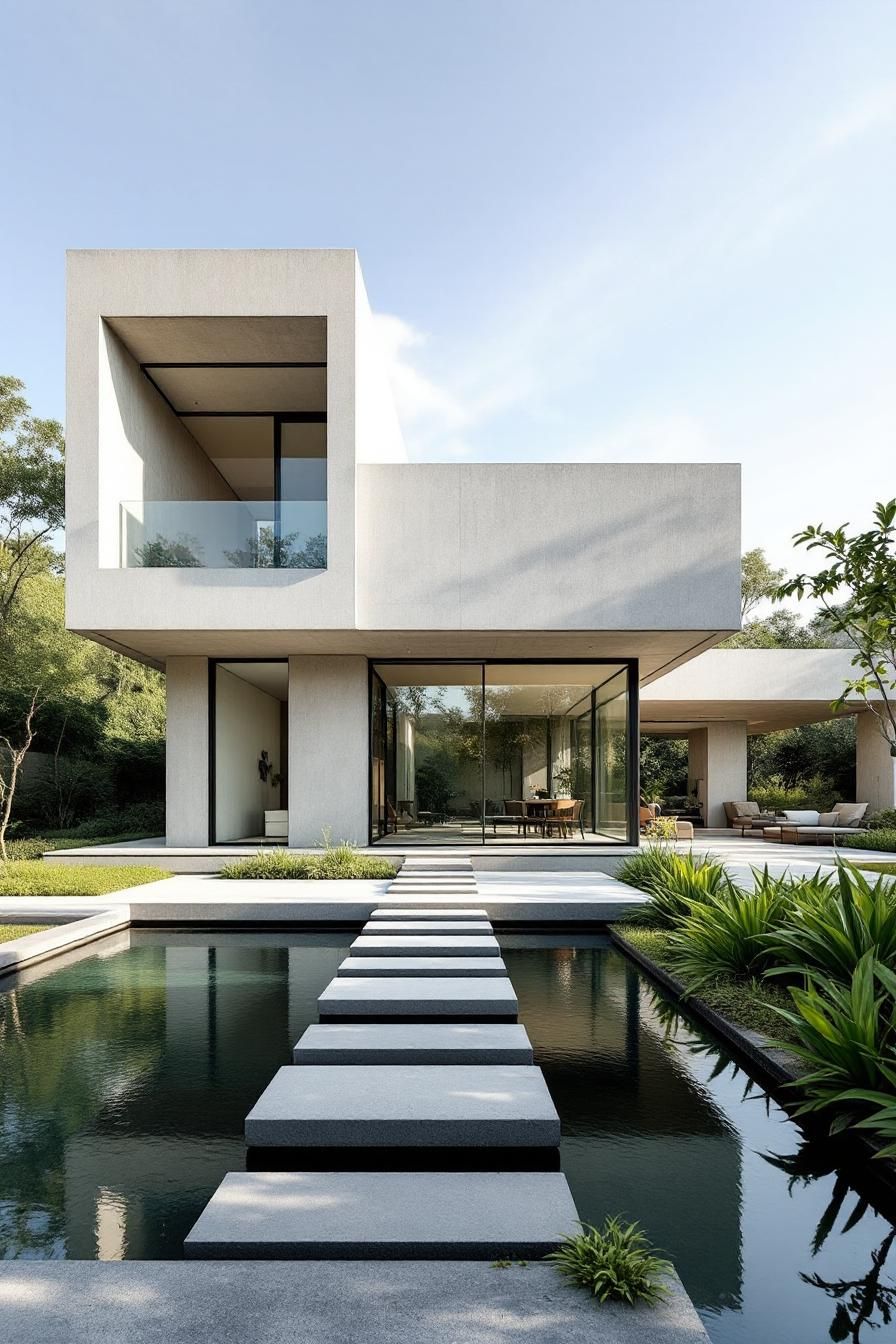 Modern angular concrete house with reflective pool and stepping stones