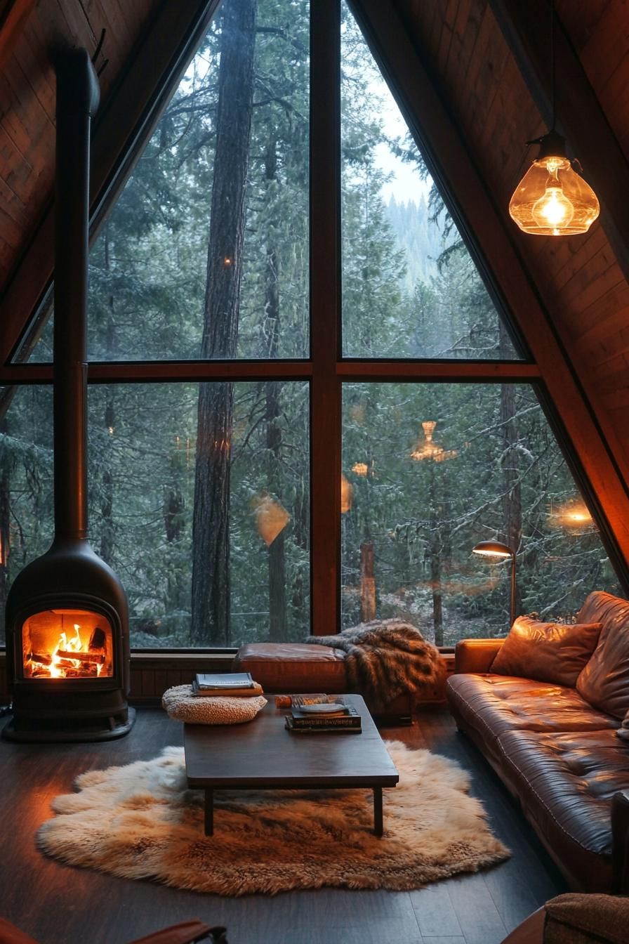 interior of a frame cabin with full wall windows a small metal wood burning stove hanging from pipe chimney is against the window natural wood