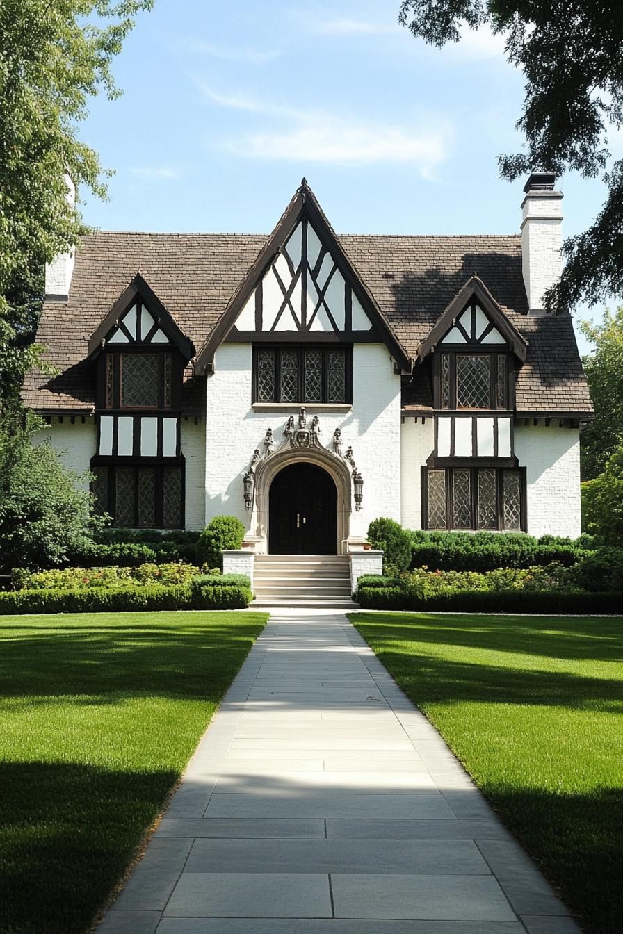 Modern Tudor house with a lush lawn and dramatic gables