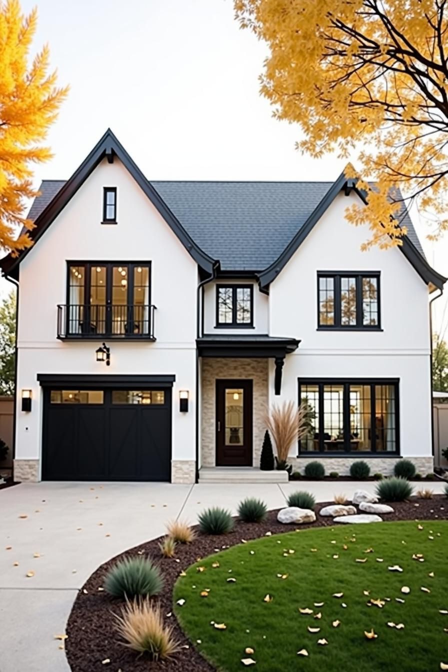 Modern suburban house with white walls and black accents