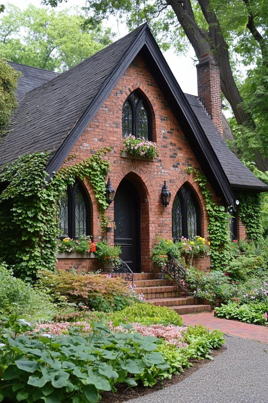 Charming brick home adorned with lush greenery and flowers