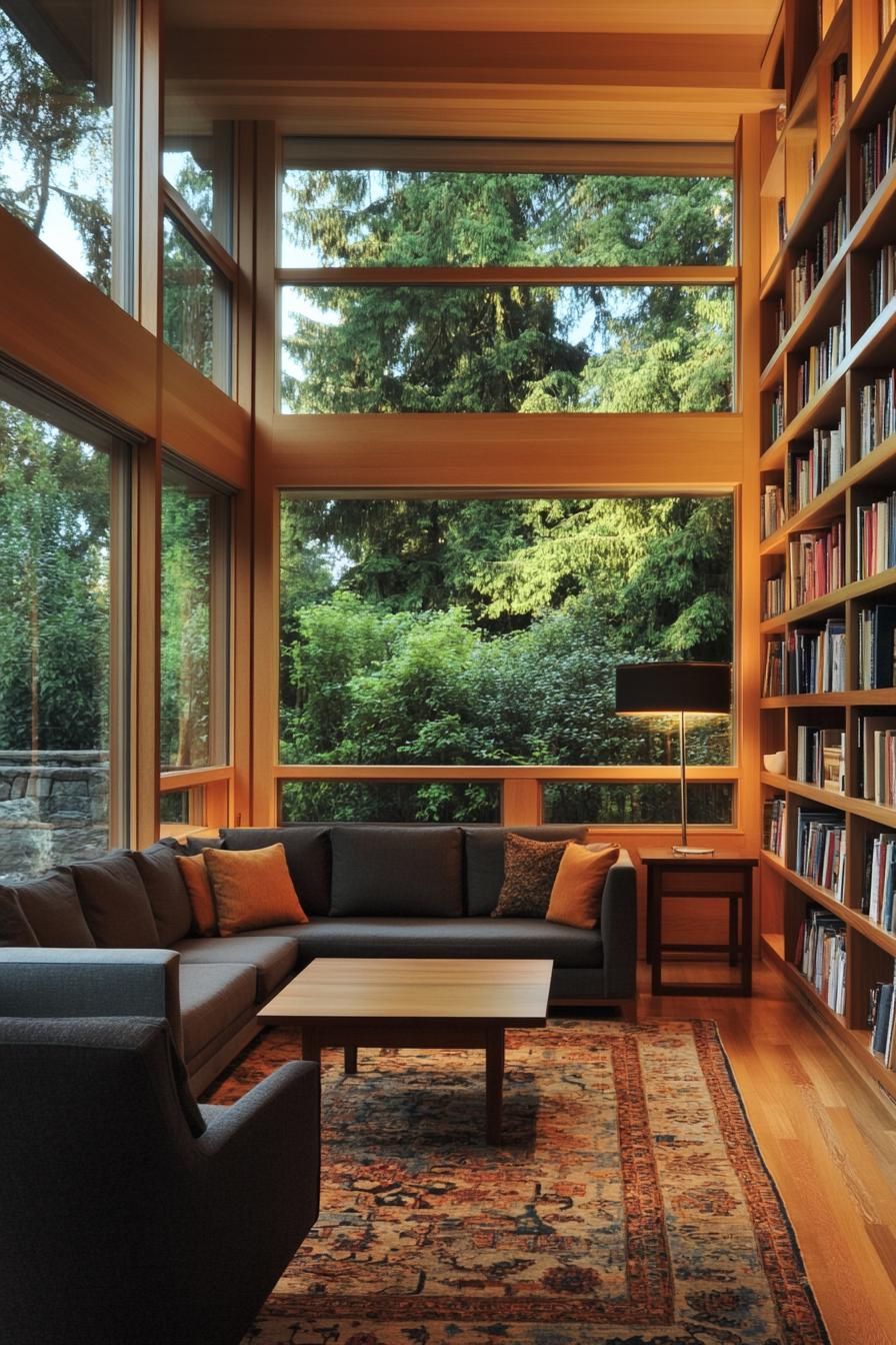 Cozy living room with large windows and bookshelves