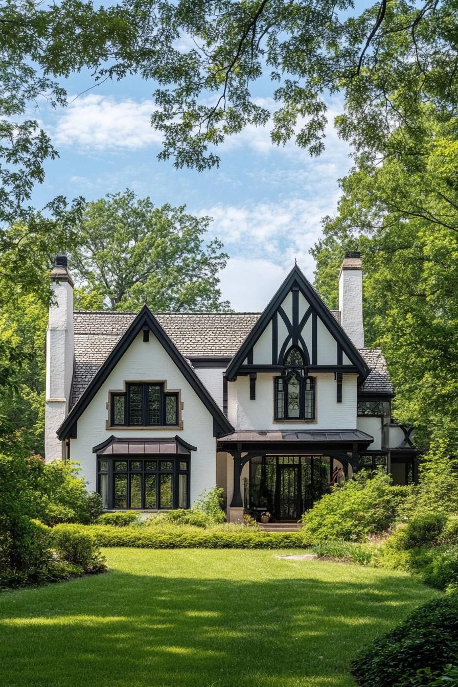 Modern Tudor house with lush greenery and blue sky