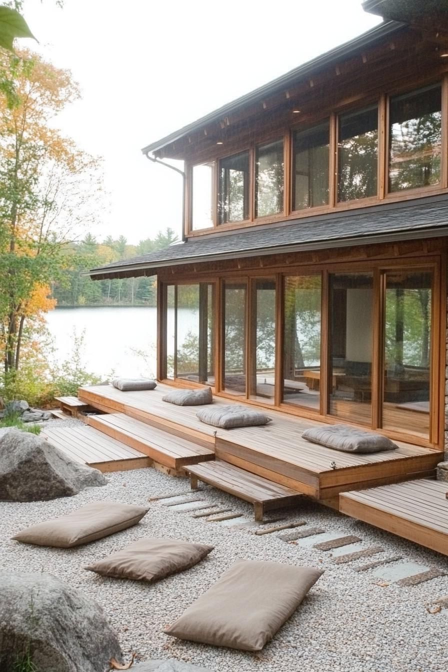 Japanese courtyard house with wooden decks overlooking a serene lake