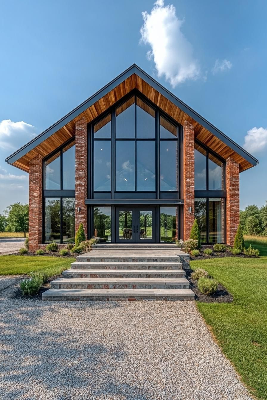 Modern barn house with large glass gable and brick facade under clear blue sky