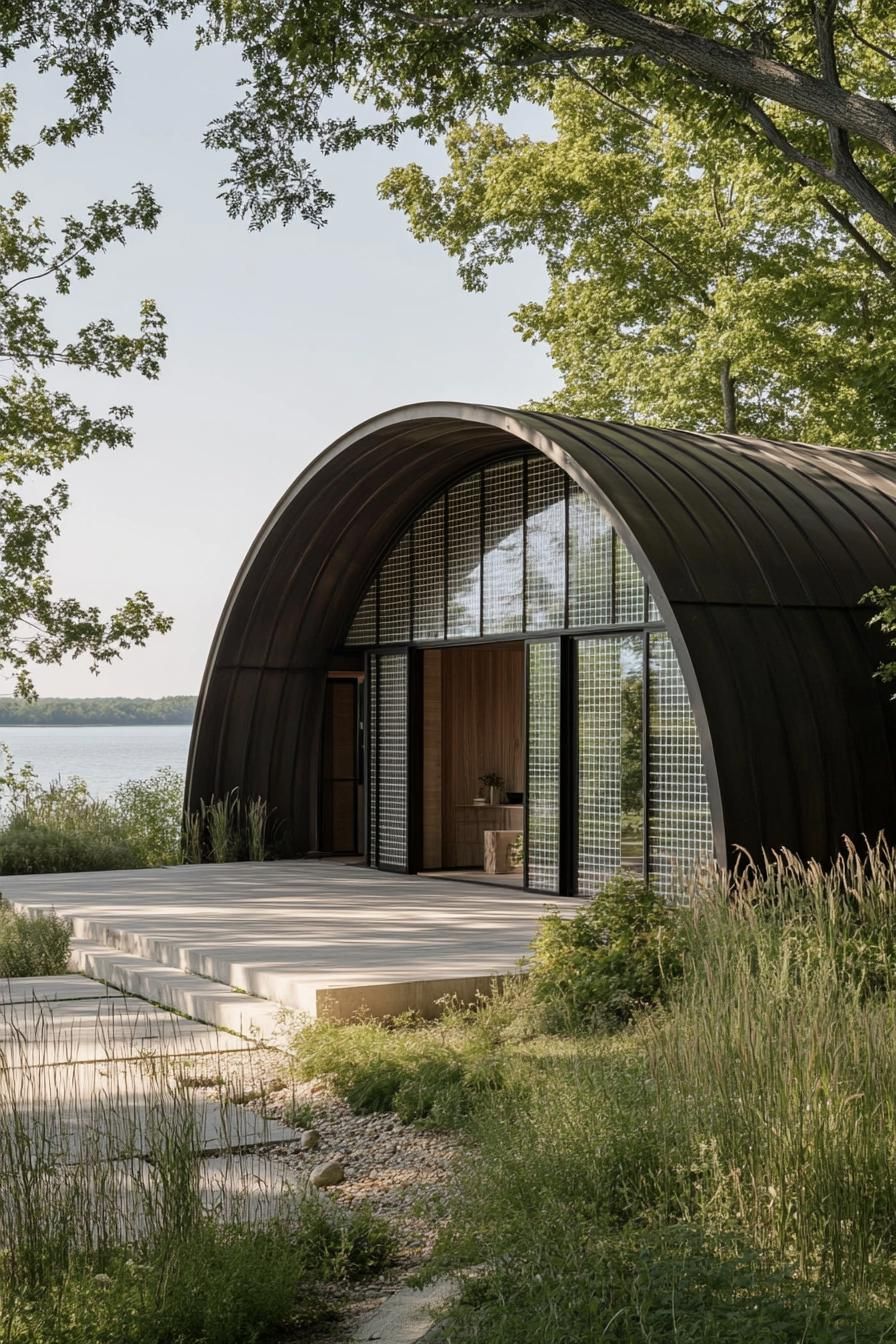 Quonset hut home with a lakeside view