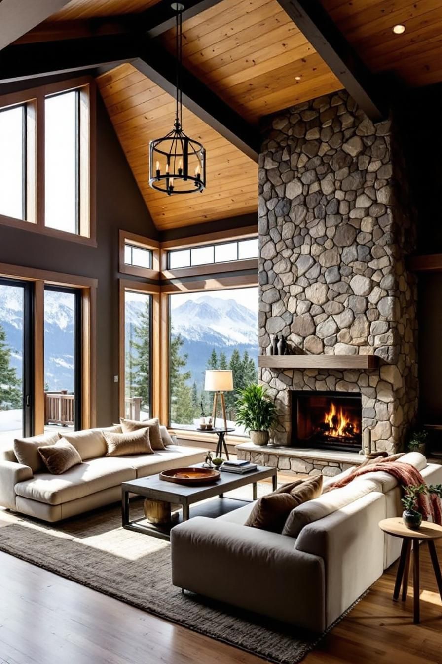 Spacious living room with stone fireplace and mountain views