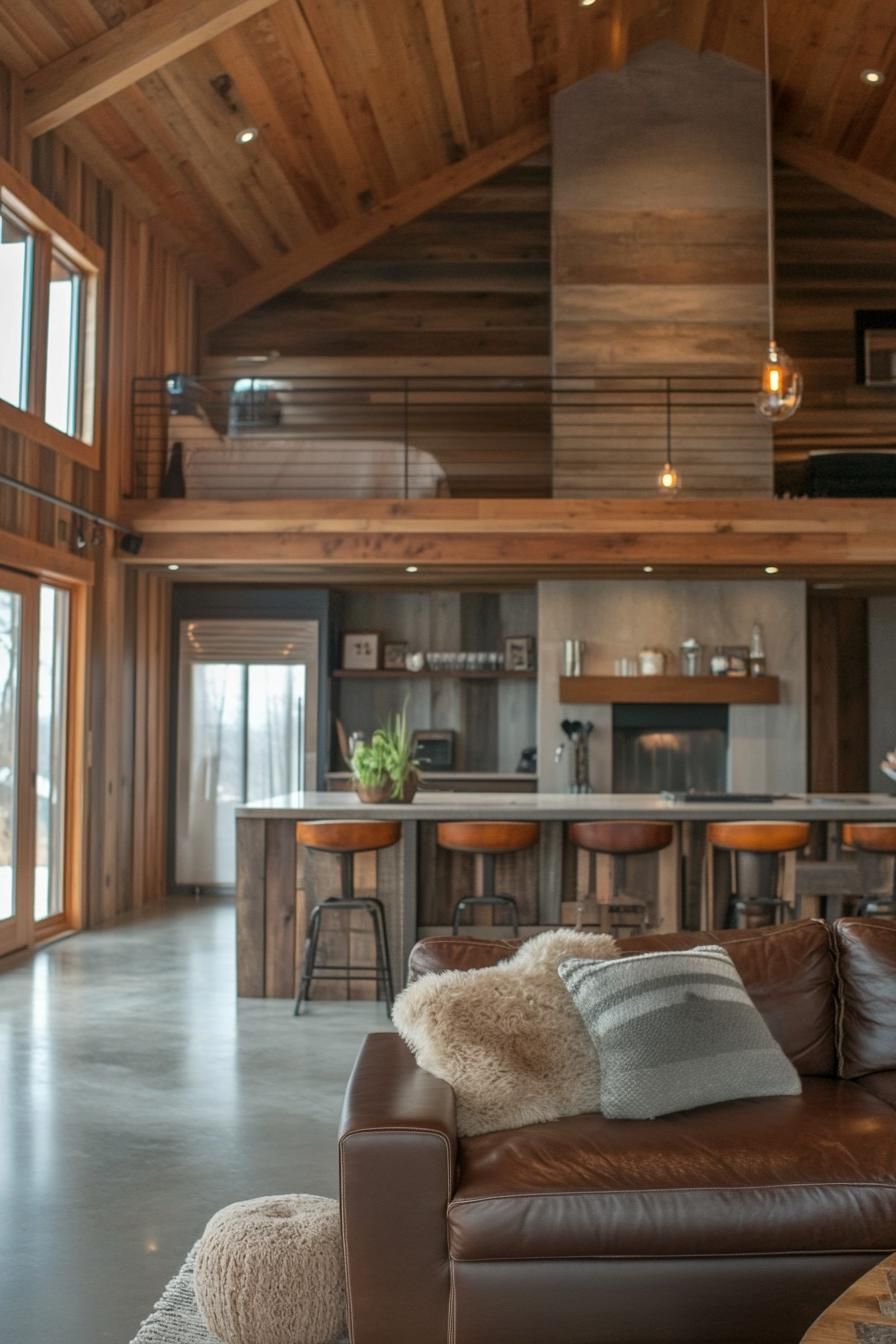 Cozy loft with leather couch and wooden accents