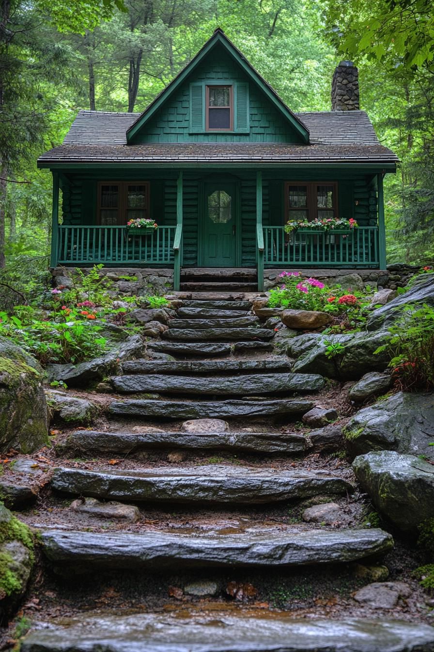 Charming green cottage with stone steps and floral surroundings