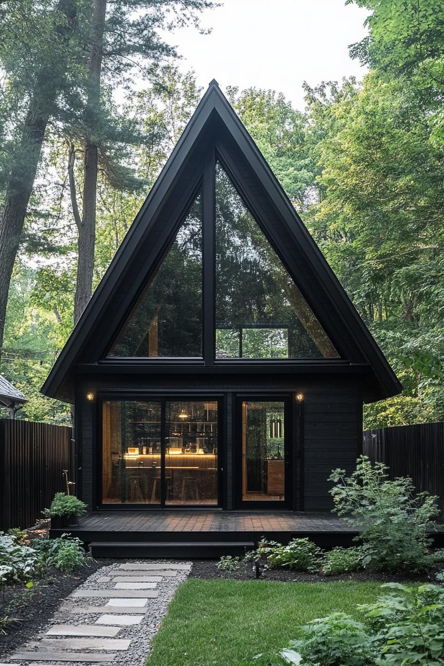 modern tiny a frame cabin with black roof and siding full wall glass window multi pitched roof black wooden fence in front lush forest in the 1