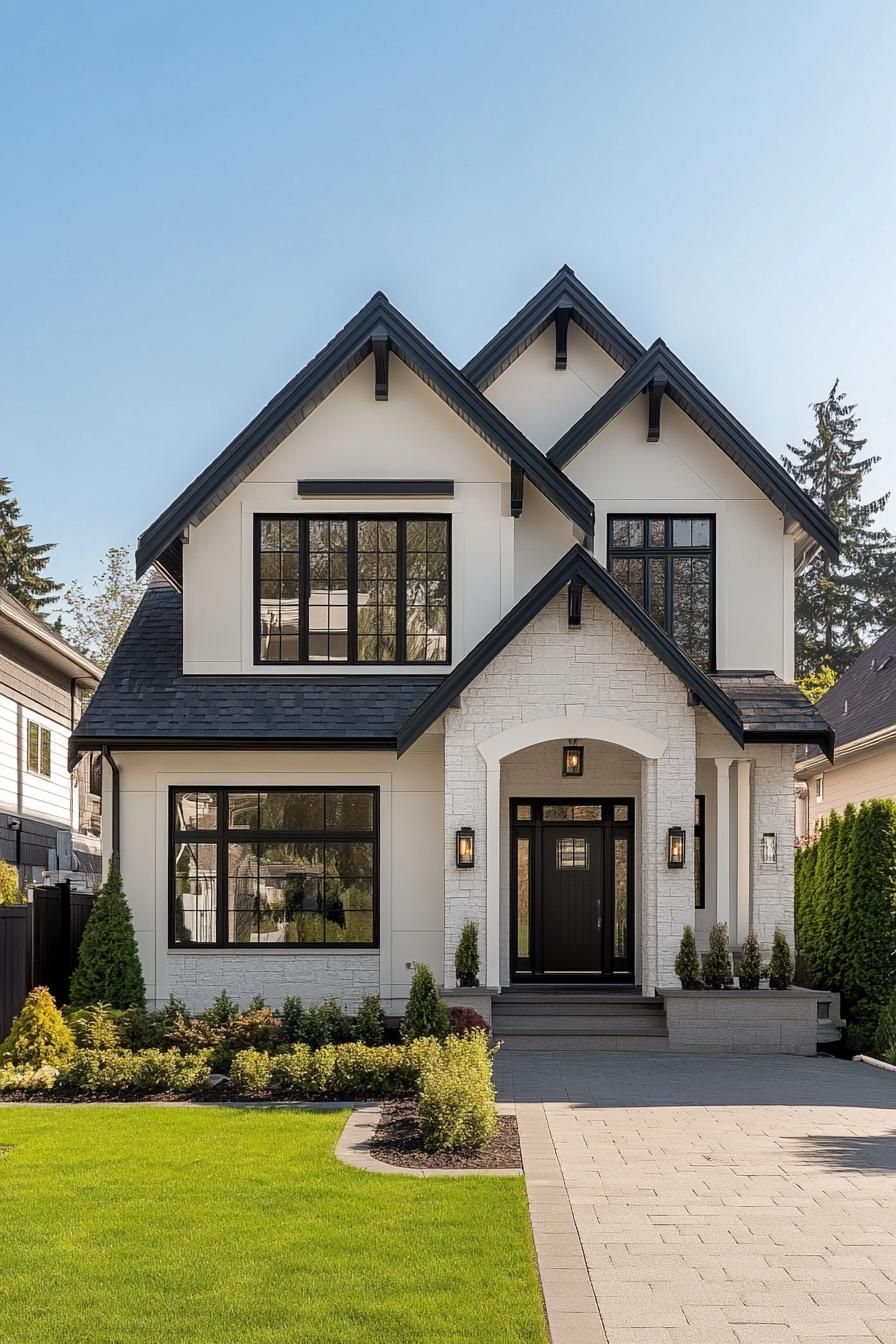 Modern suburban house with white facade and black trim