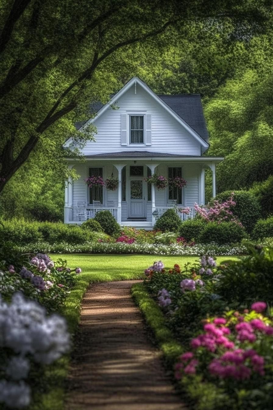 beautiful classic country side white house with a front porch with coloumns with lush front garden with blossoming flowers