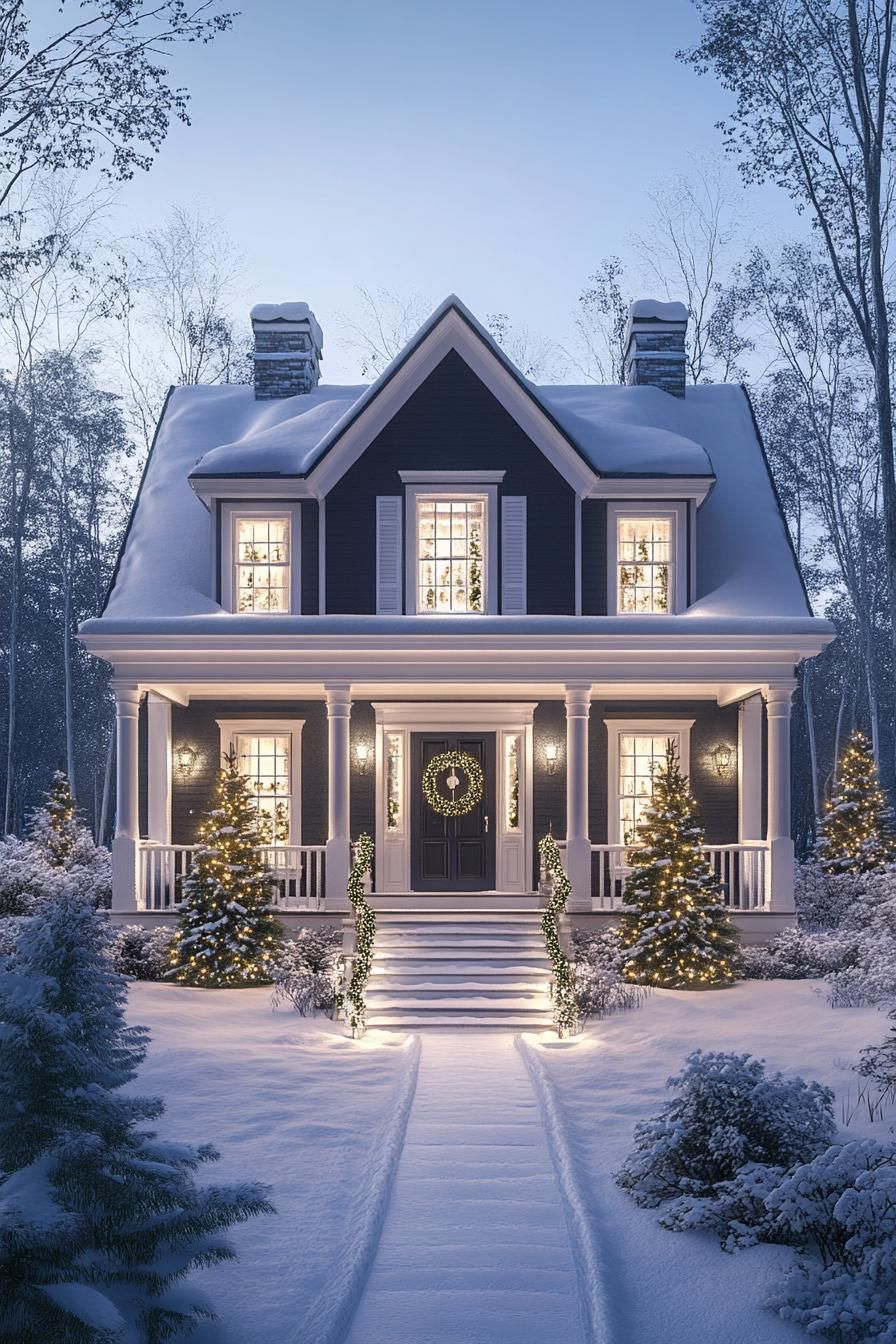 front view of a tall french cottage with dark siding and white trim and moldings roof with snow large porch with white columns front door with