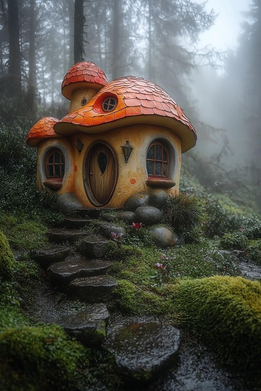 Fairytale mushroom-shaped house in a misty forest