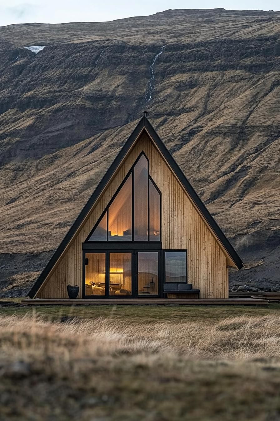 a frame house facade with light oak cladding stunning Icelandic landscape 1