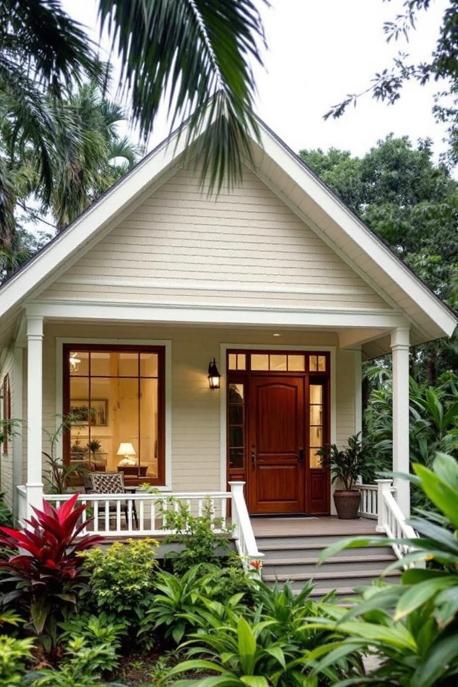 Charming cottage surrounded by lush tropical plants