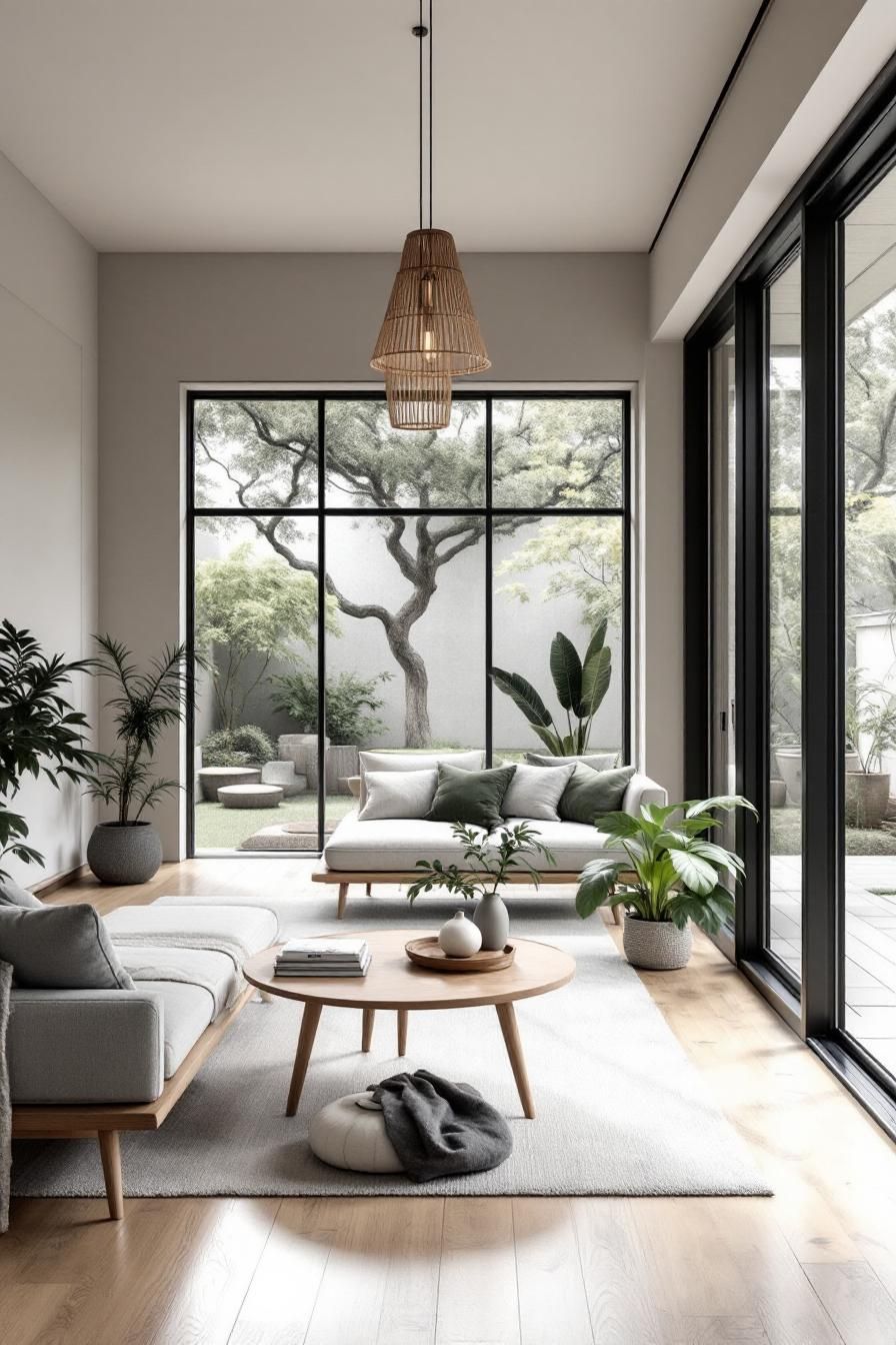 Modern living room with large windows and green plants