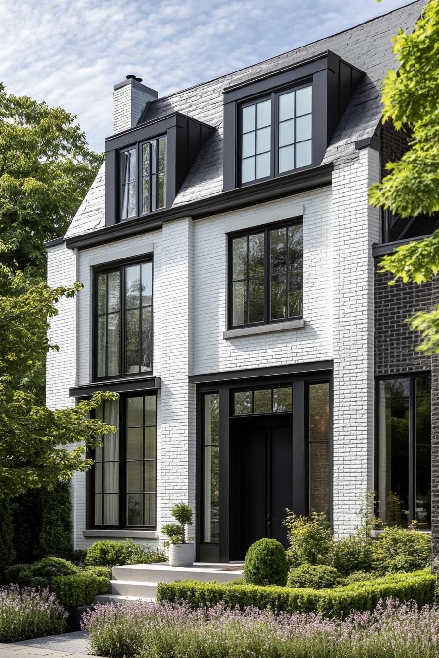 Modern white brick house with black accents and lush garden