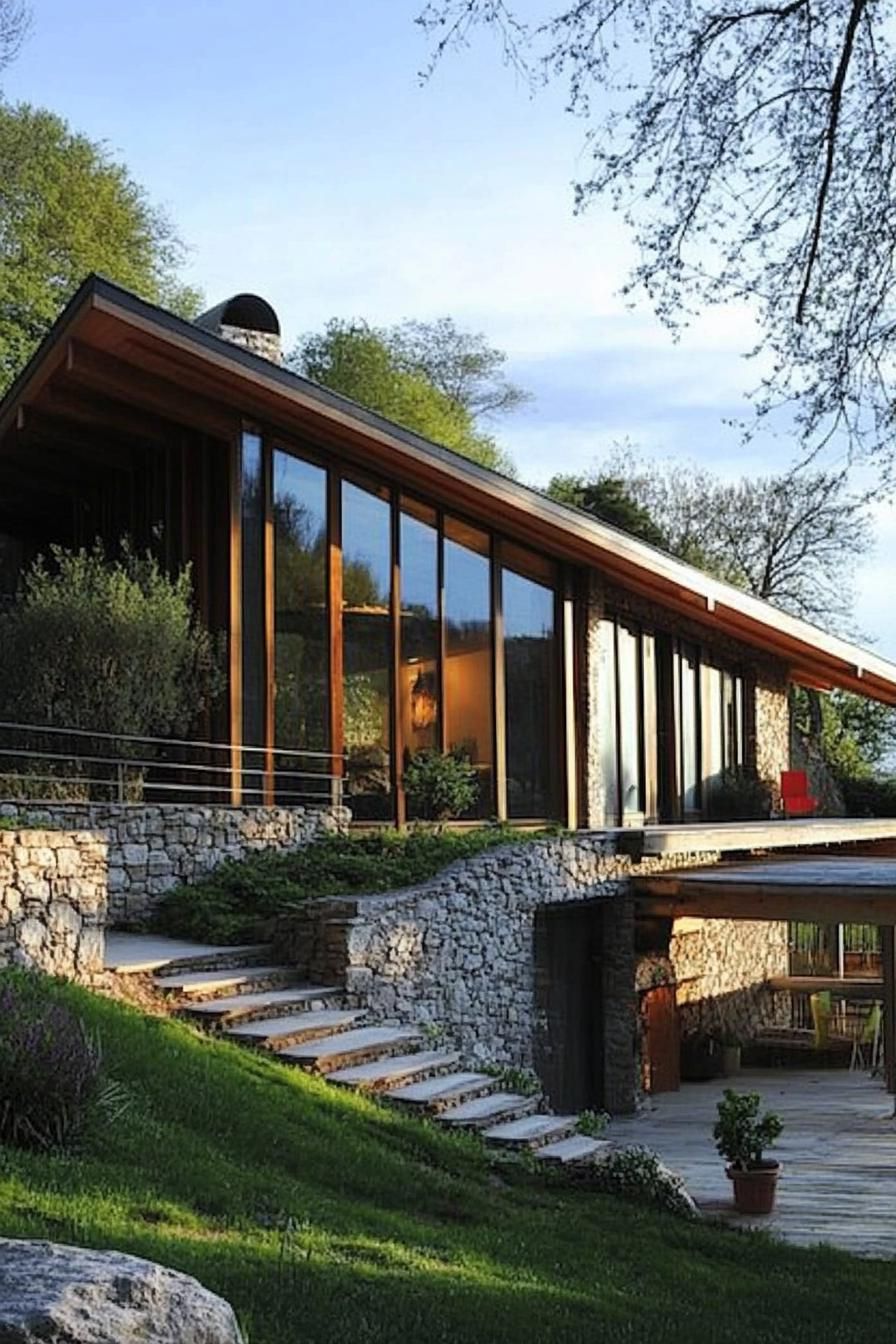 modern house built onto a hillside bank cascading facade on slopes reinforced with stone fencing terrace at the bottom access to the house on top