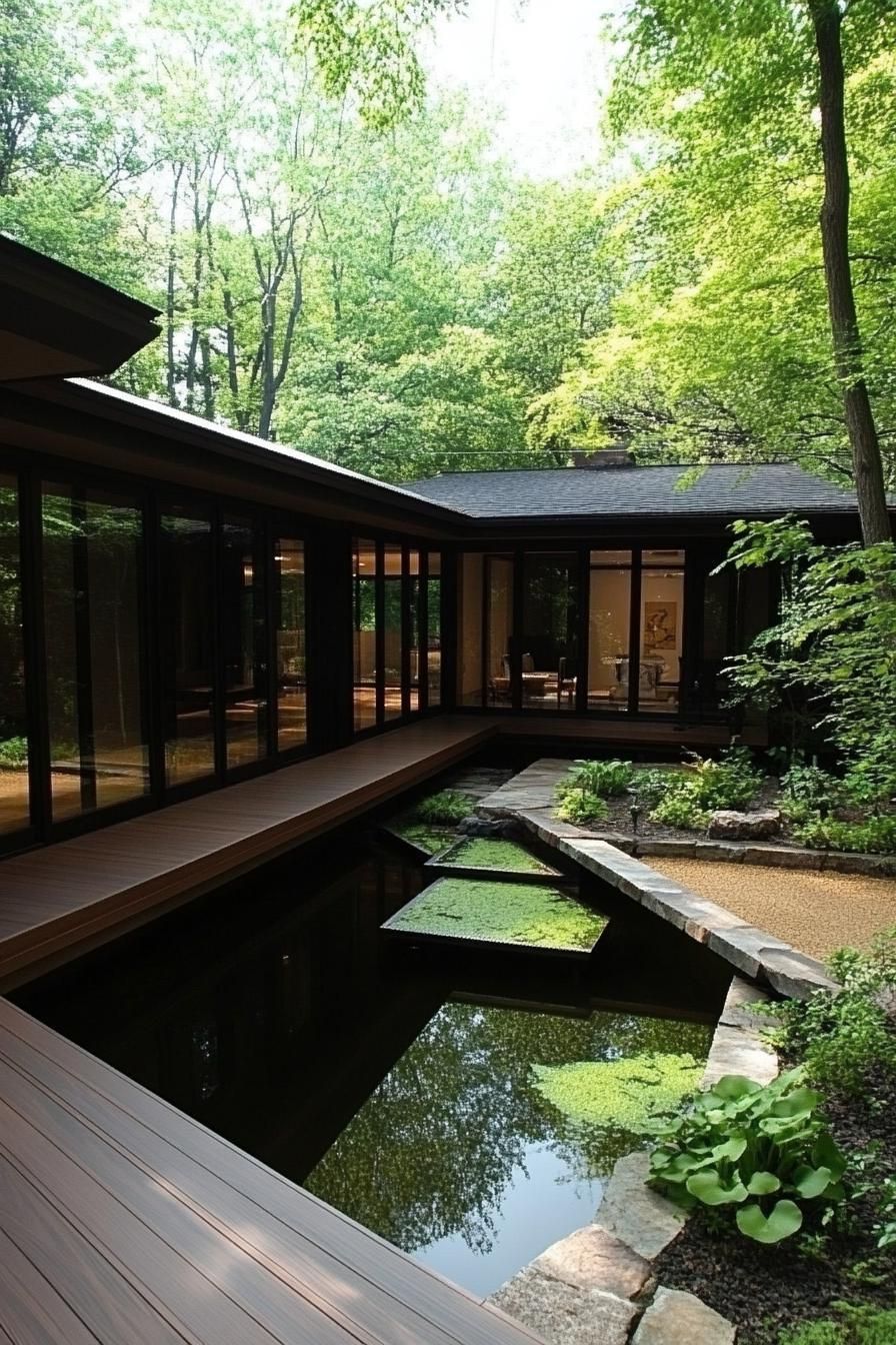 Modern Japanese house with glass walls and a tranquil pond