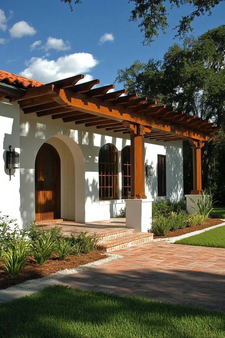 Modern bungalow with wooden pergola and lush garden