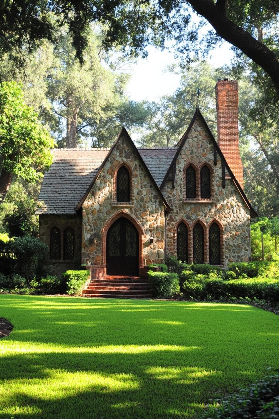 Charming stone house surrounded by lush greenery