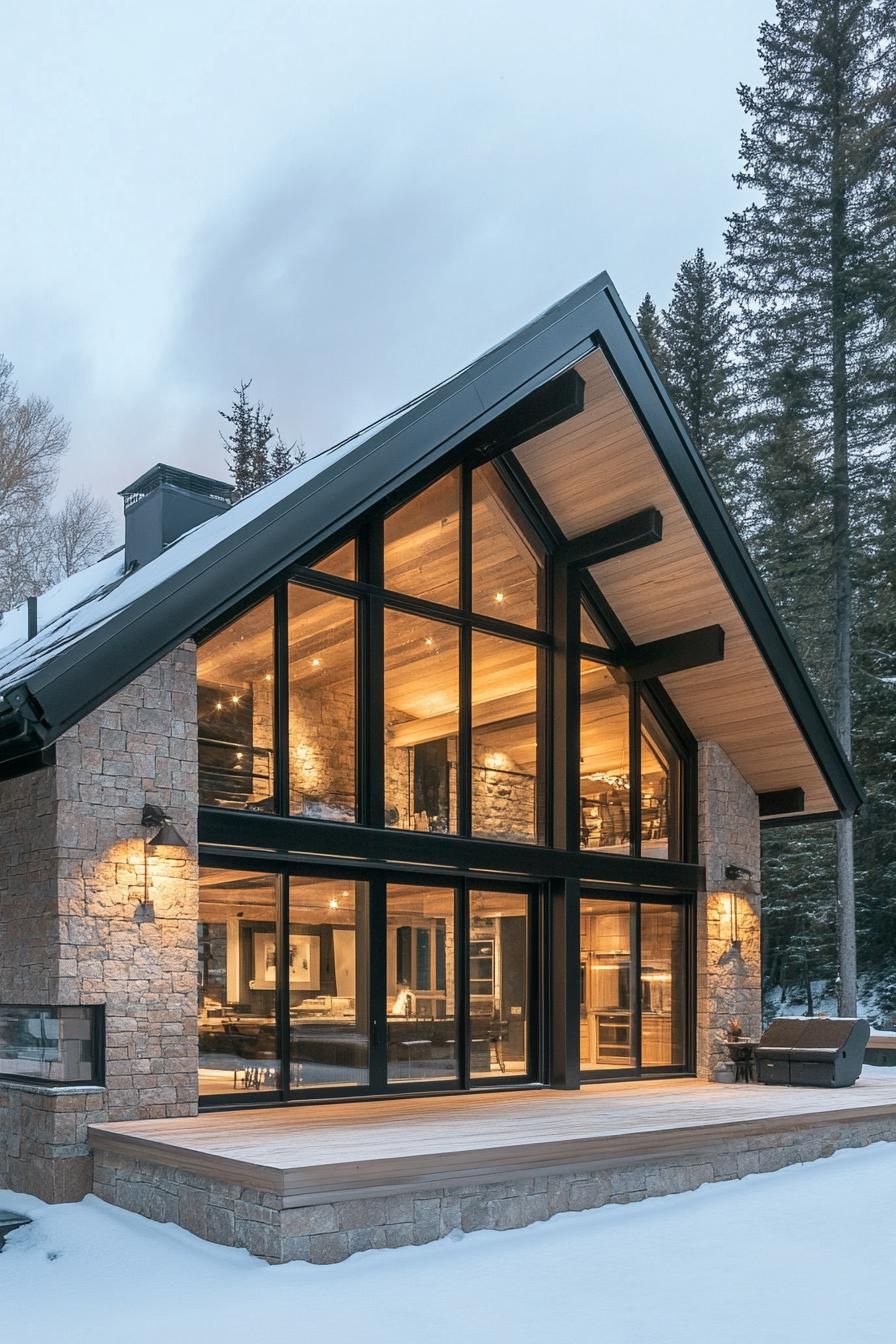 A-frame house with glass facade and stone walls