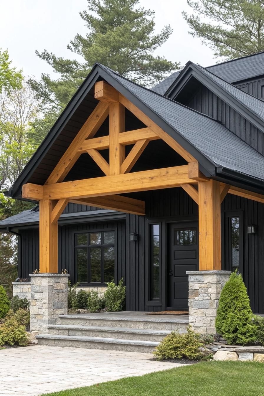 Modern farmhouse with wooden beams and stone details