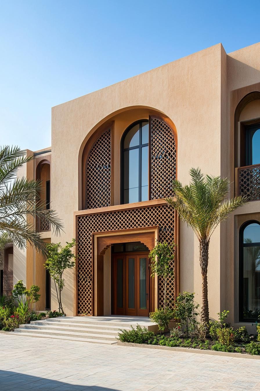 Elegant house with ornate arches and palm trees