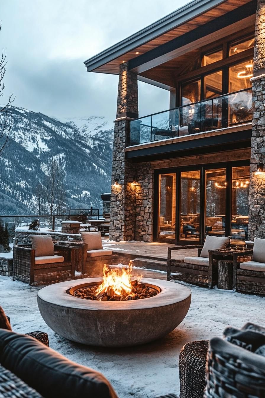 modern stone chalet in the mountains in winter large patio with firepit overlooking majesting mountains in snow 1