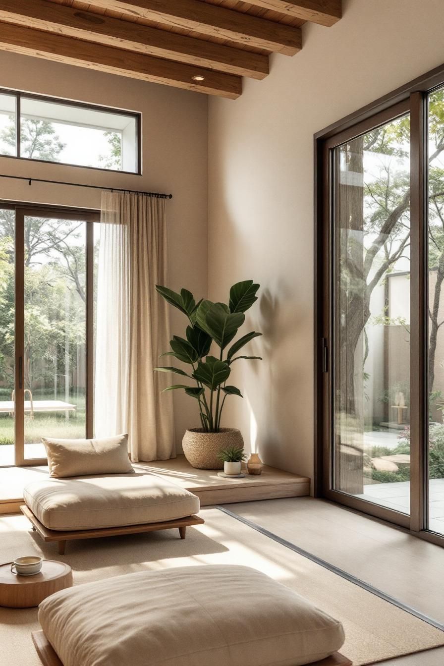 Minimalist room with large windows and plants