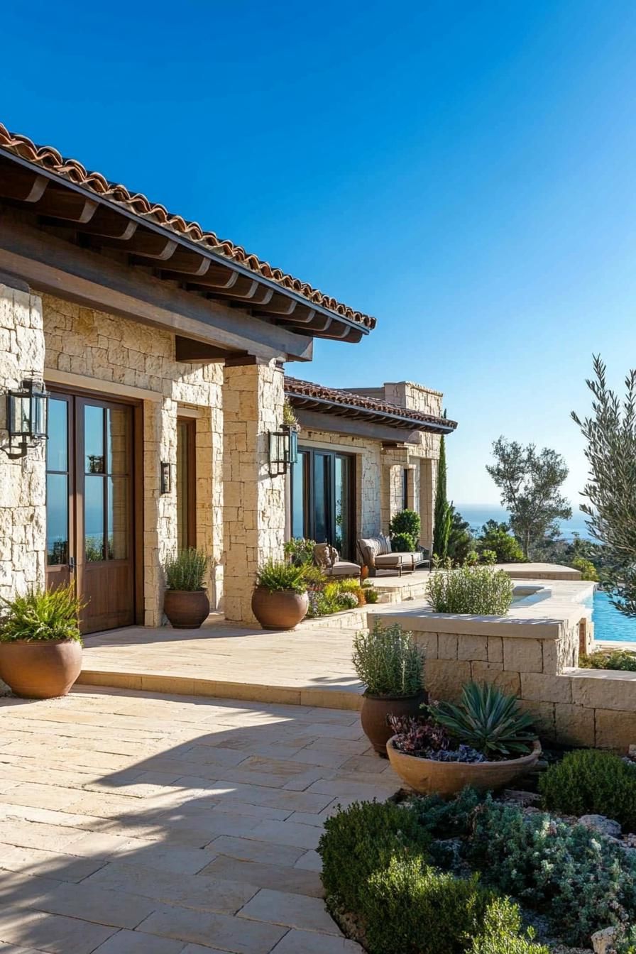 Elegant stone-clad Mediterranean house with terracotta roof