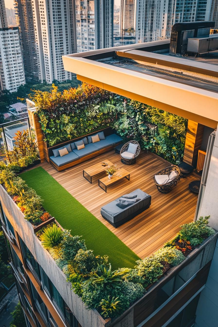 aerial view of a rooftop terrace on a residential building in a big city the terrace has part wooden tile deck part artificial grass planter boxes 2