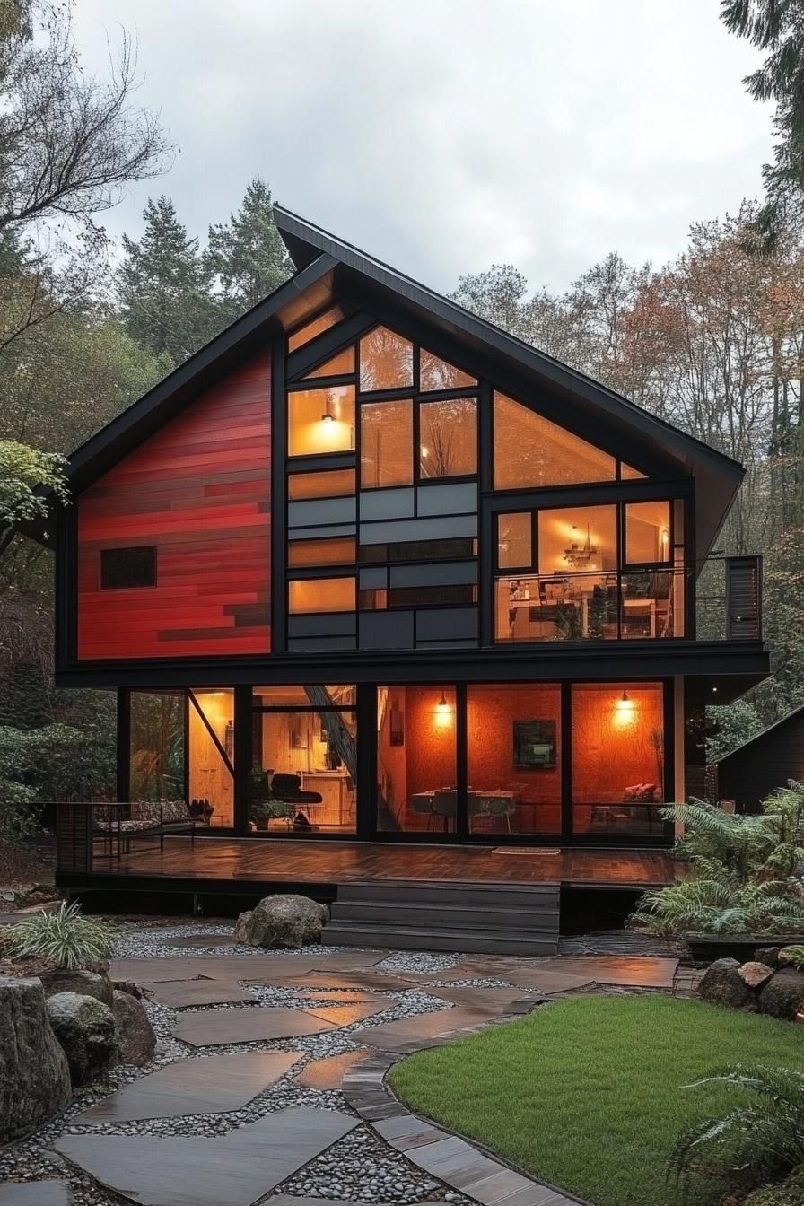 Modern cabin with vibrant red and black wood facade