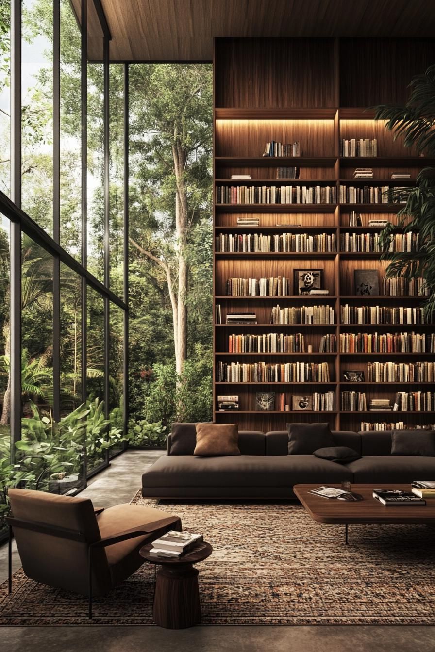 Mid-century living room with books and garden views