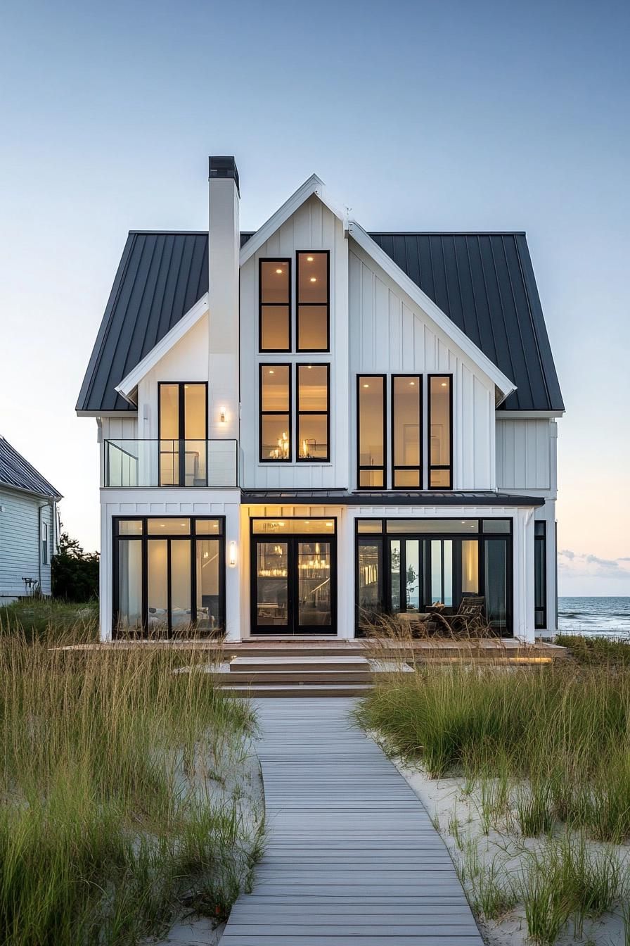 Modern coastal house with large windows and boardwalk