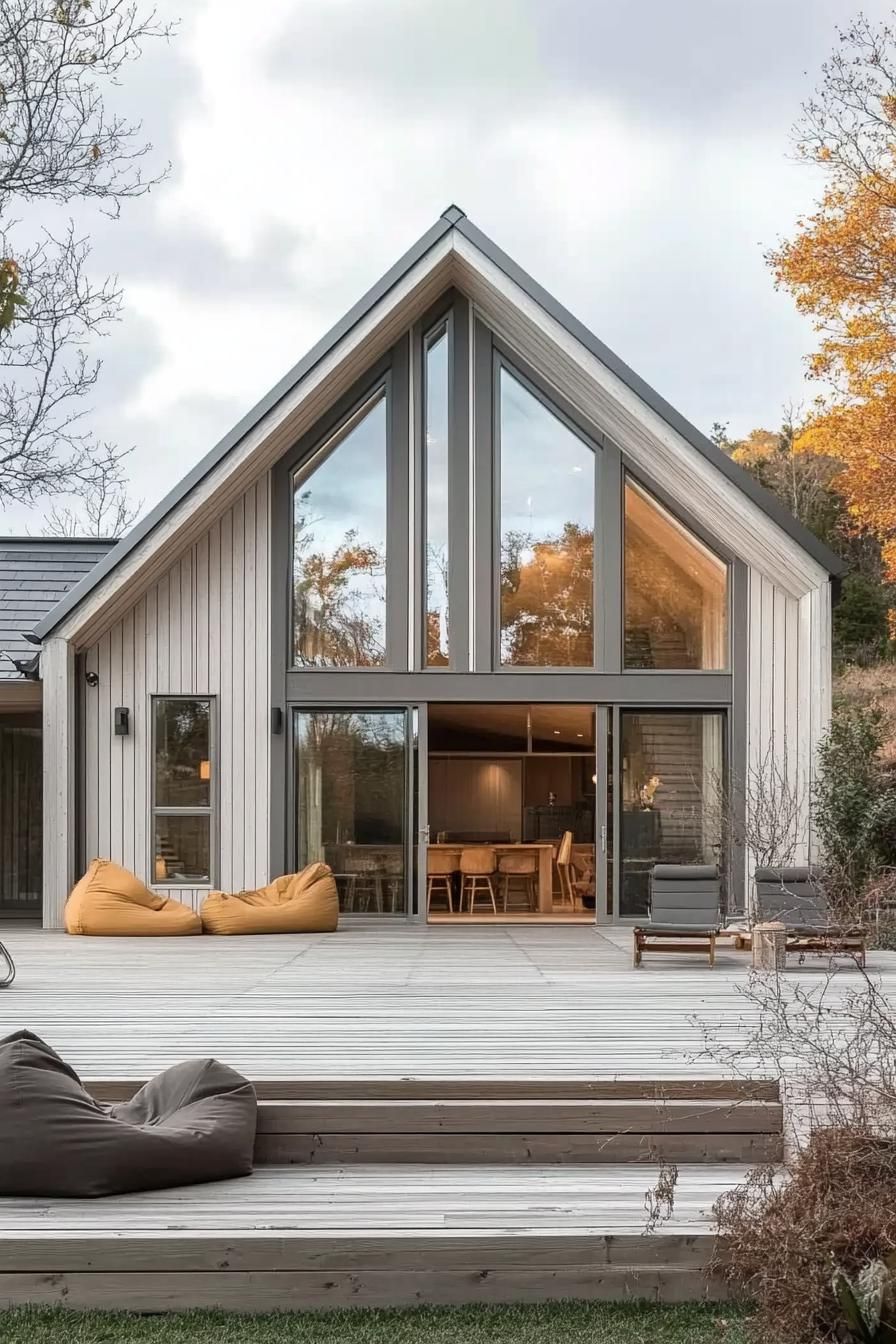 Modern barn house with a glass front and a spacious wooden deck