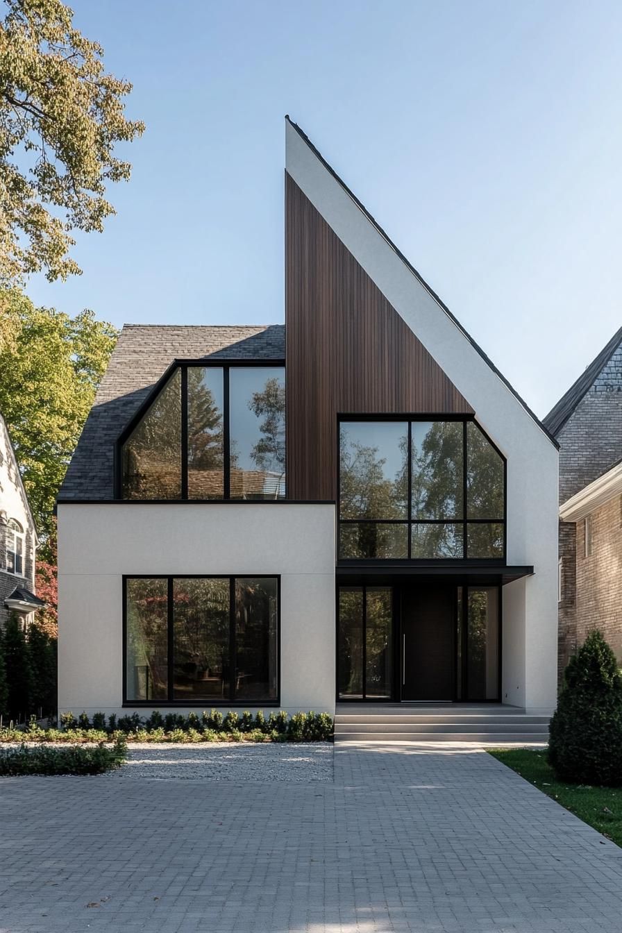 Sleek, angular house with glass windows and wood accent