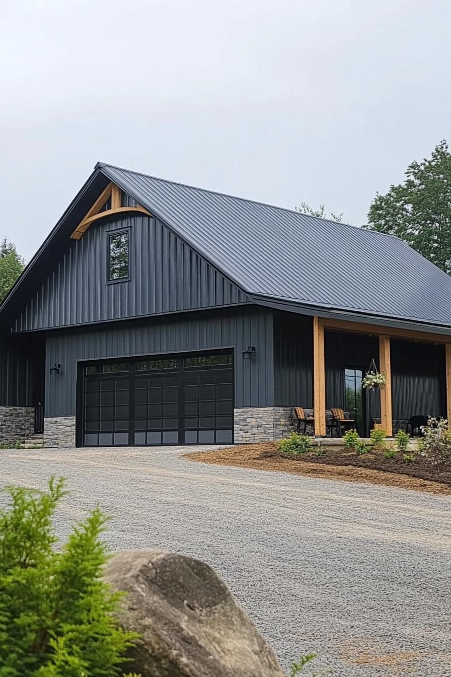 grey shouse barndominium with black roof exposed cedar beams