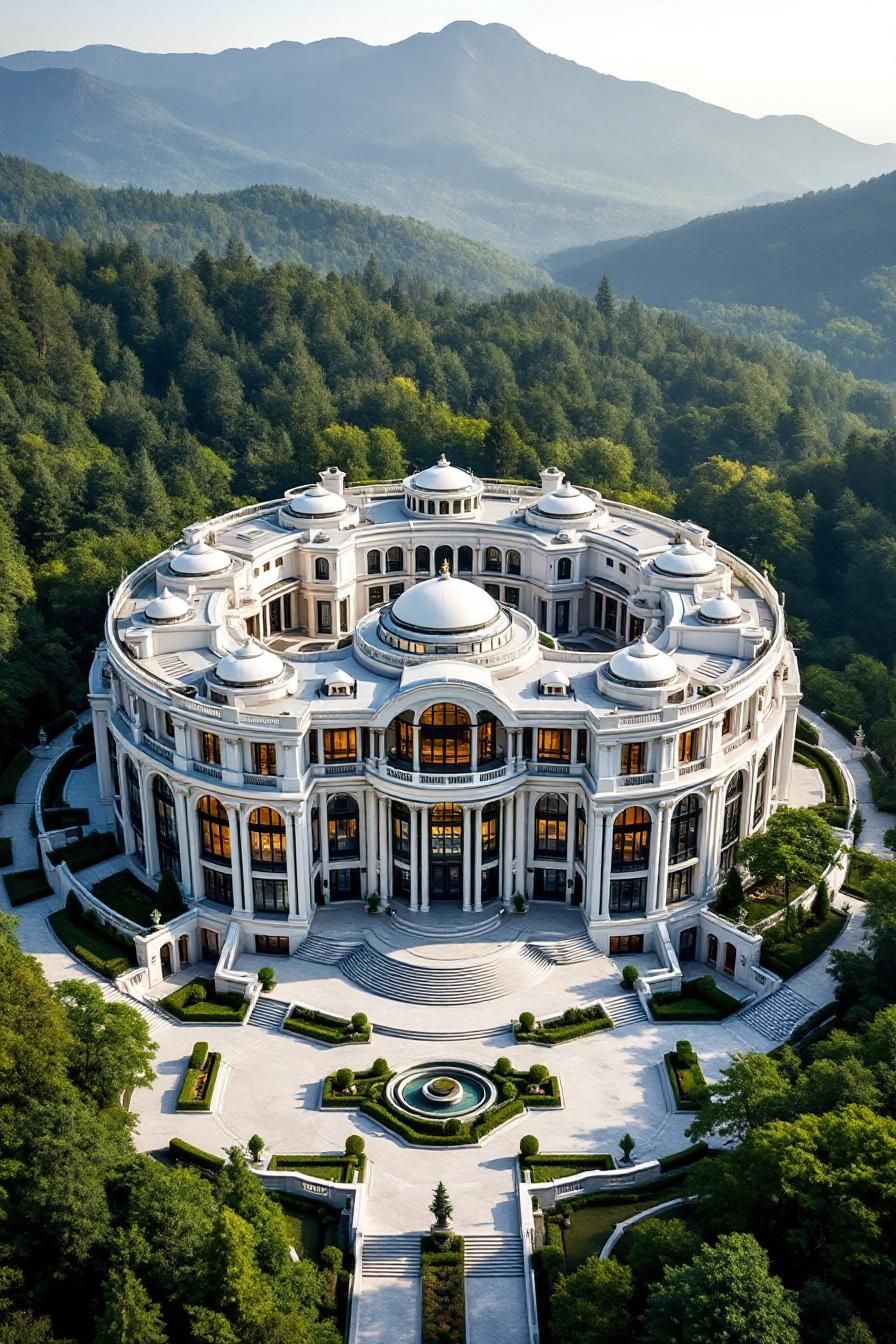 Grand circular mansion with domed roofs amidst lush greenery