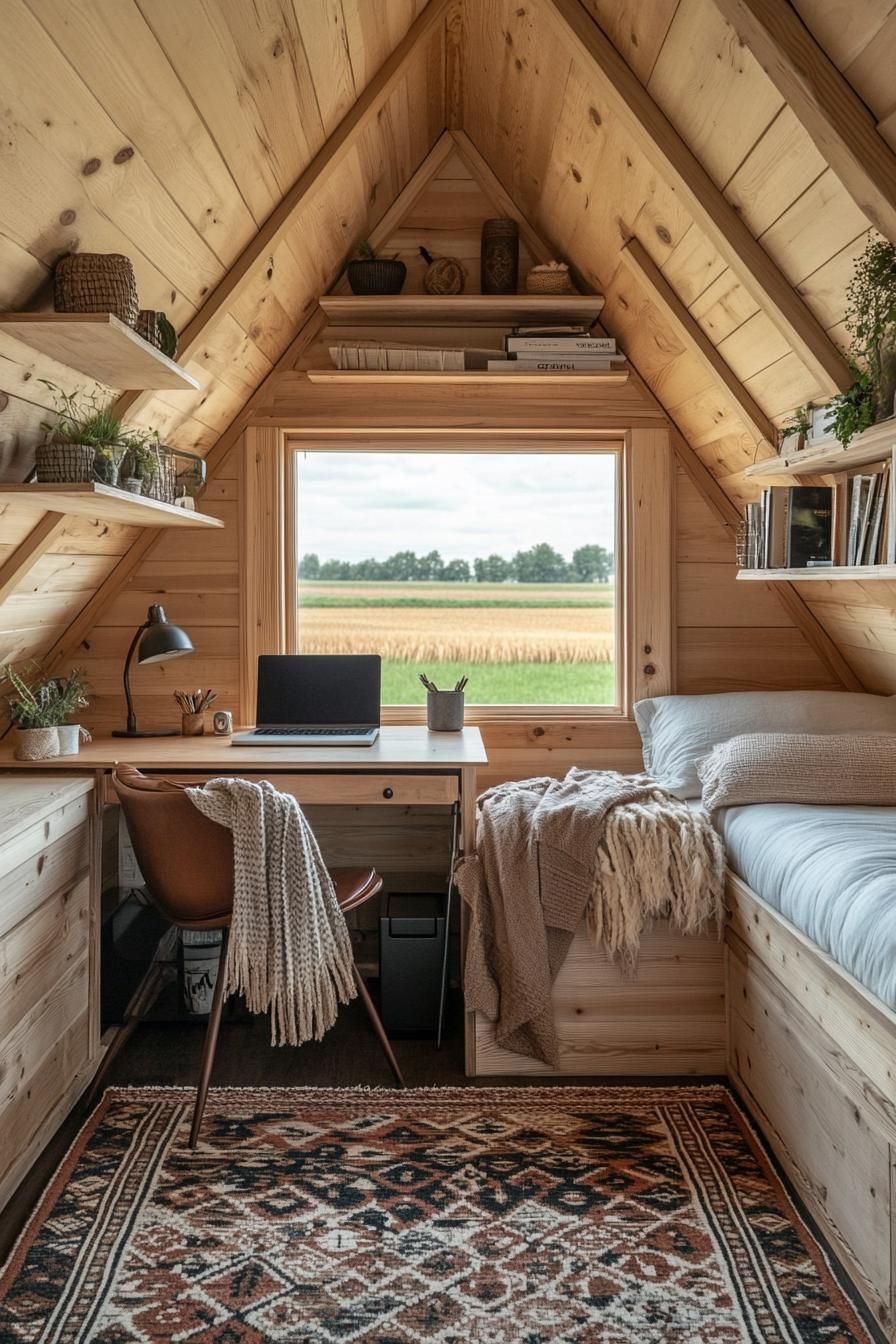 interior of a small wooden cabin a frame ceiling a bed with shelves above a desk with a laptop shelves above desk office chair with throw blanket 2