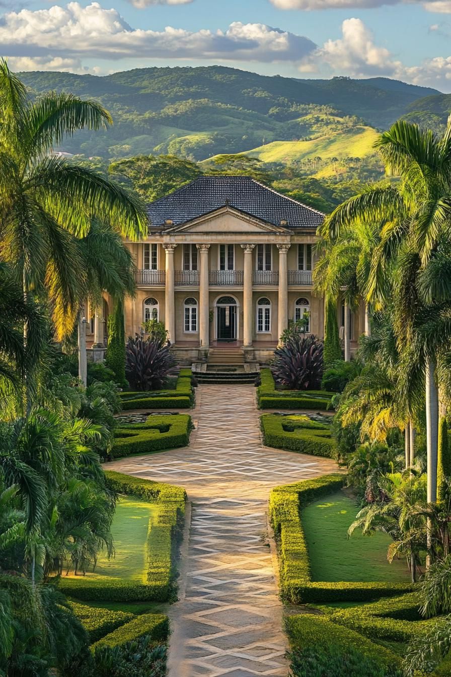 high angle view of colonial style manor facade with columns large front garden with geometric shrubs tall palms and paven paths stunning tropical